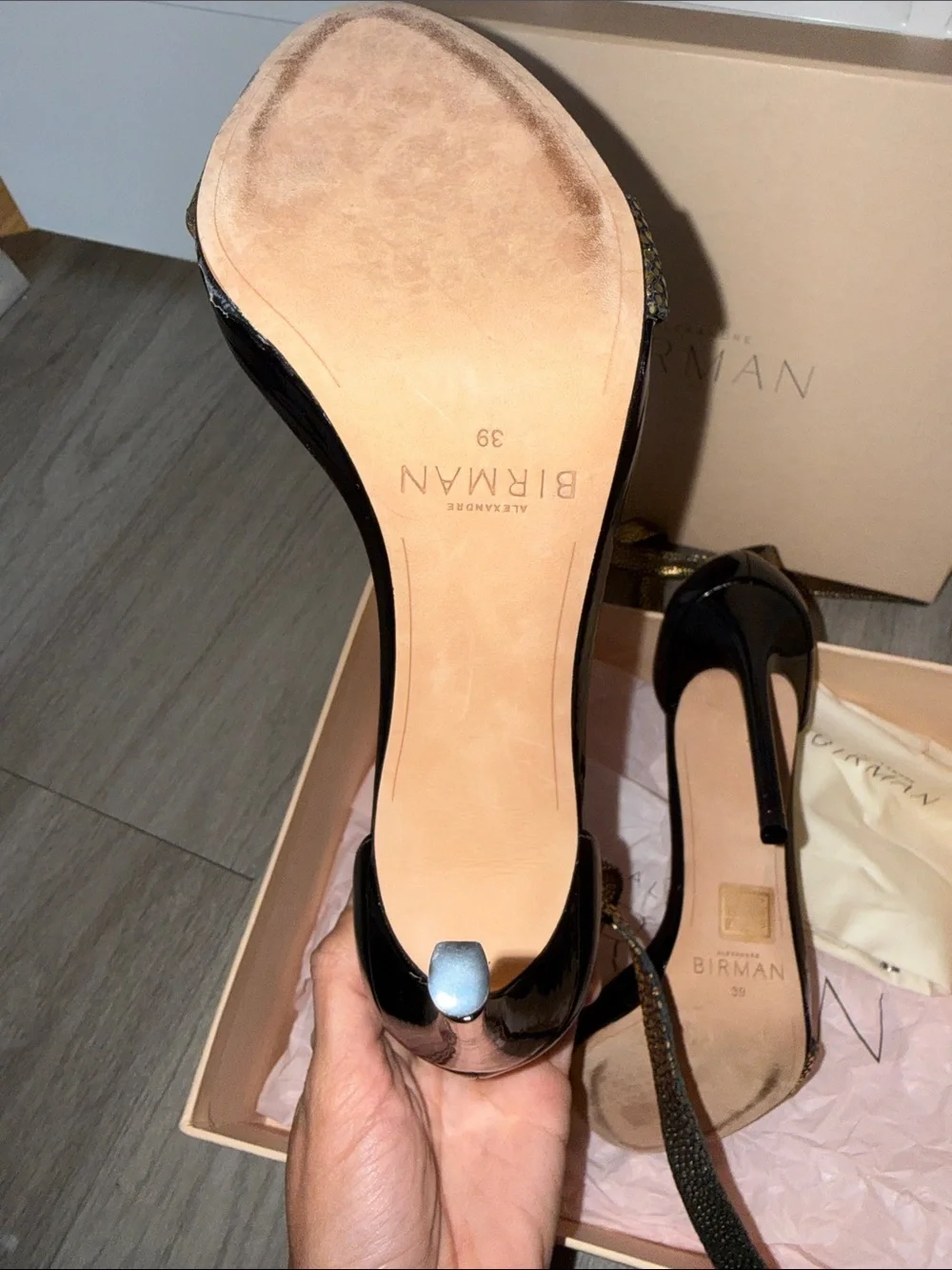 Alexandre Birman Clarita Leather Black and Gold Ankle-Tie High Heels - Picture 3 of 10